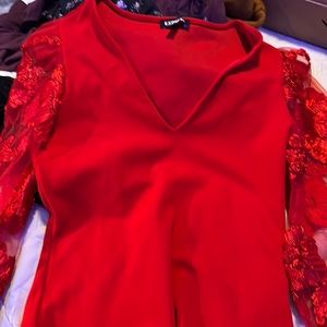 Beautiful Red Express Bodysuit with floral mesh arms